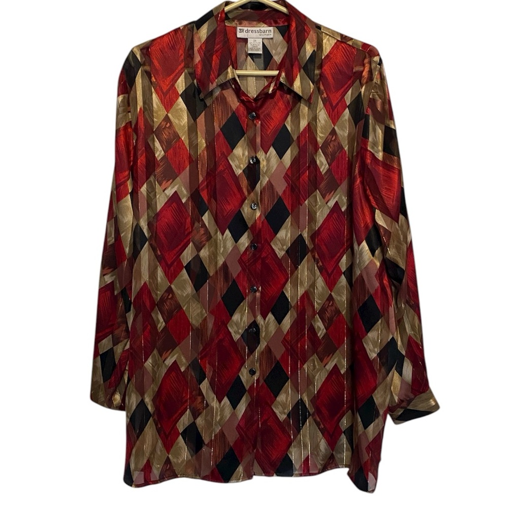 Dressbarn Red and Gold Geometric Button Down Shirt